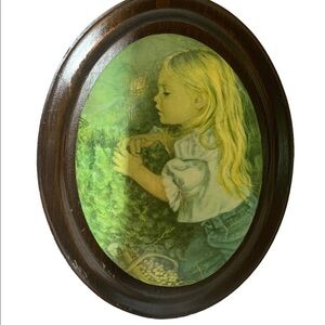 Vintage convex wooden plaque art of little blonde girl picking grapes